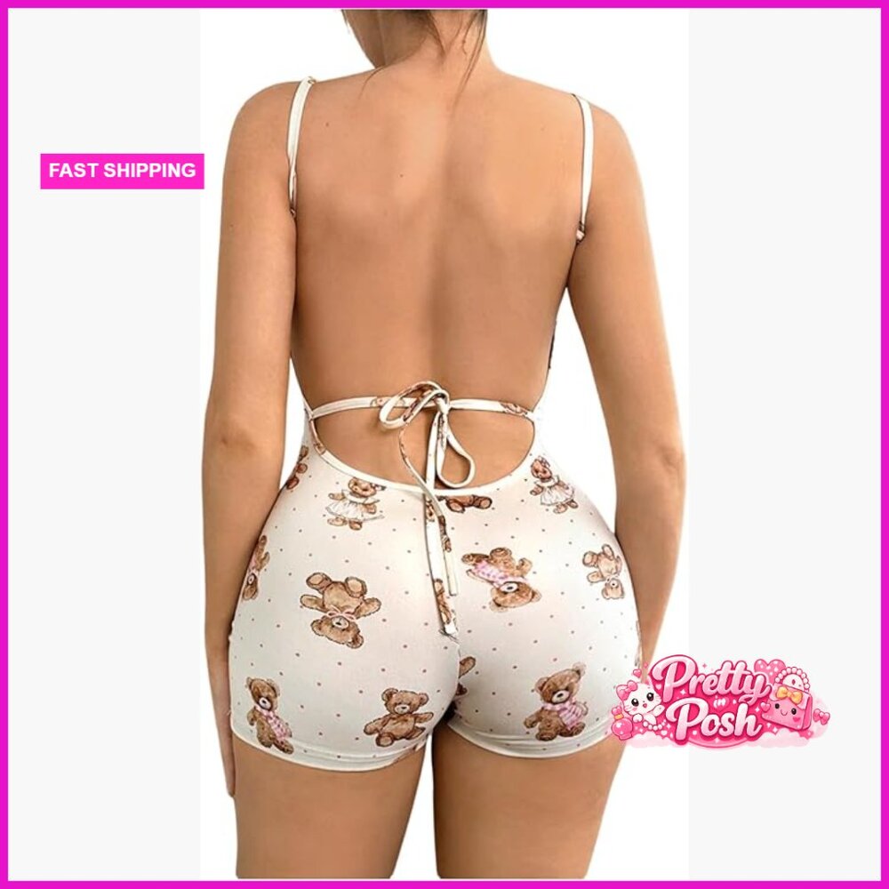 Polyester Elastane Stretch Backless Romper Onesie… - image 1